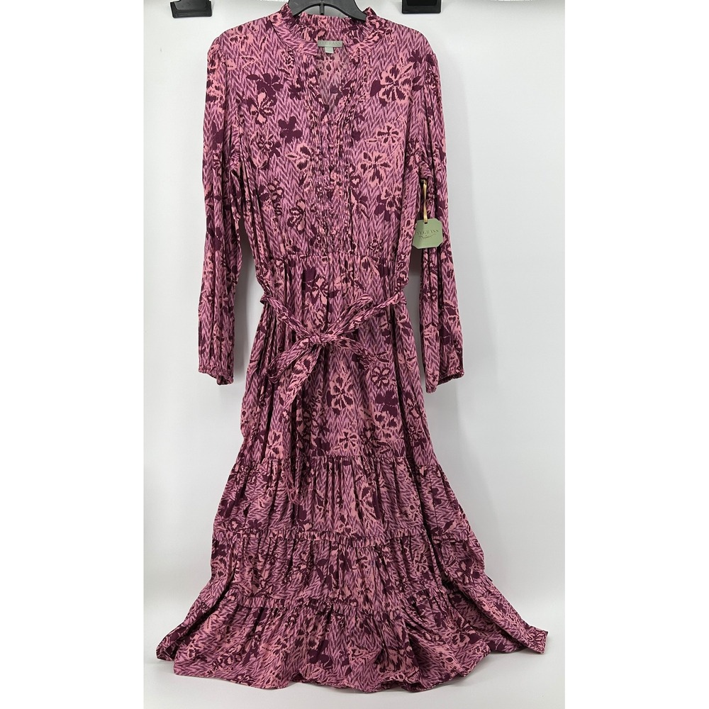 Ryegrass Purple Pink Floral Cotton Tiered Maxi Dress Long Sleeve XL NWT Boho